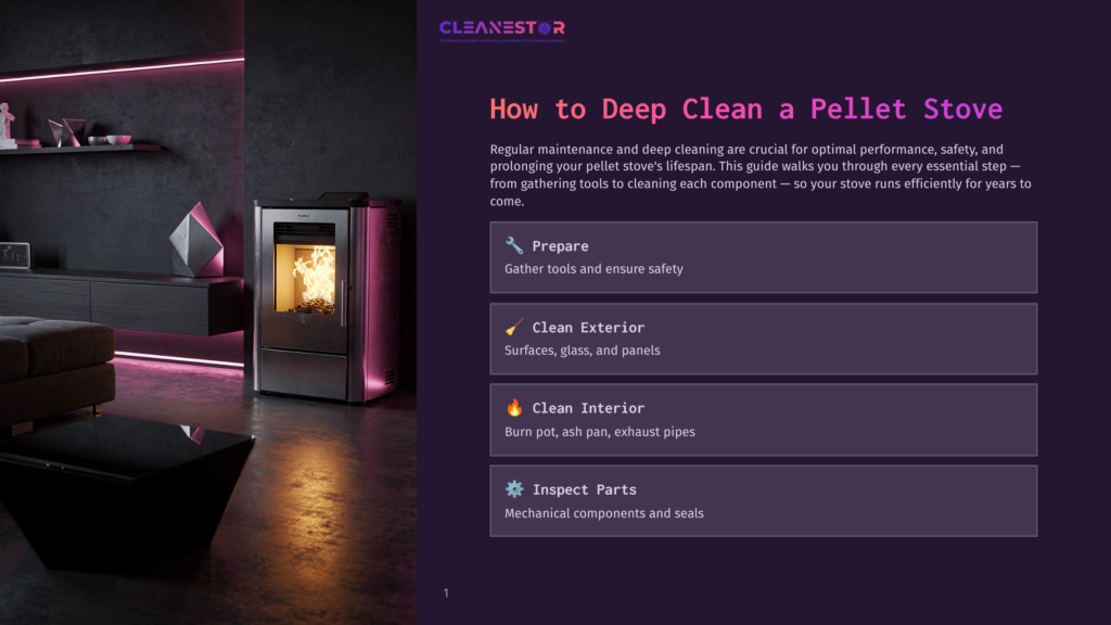 Cleanestor Guide On How To Deep Clean A Pellet Stove, Featuring A Modern Pellet Stove With A Glowing Fire In A Stylish Living Room.