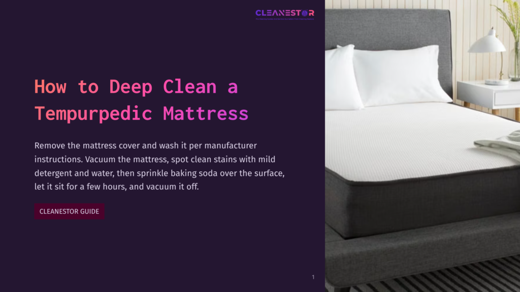 1 How To Deep Clean A Tempurpedic Mattress A Tempur-Pedic Mattress On A Grey Bed Frame, With White Pillows And A Bedside Table. Text Overlay Reads &Quot;How To Deep Clean A Tempurpedic Mattress&Quot; And Provides Cleaning Instructions.