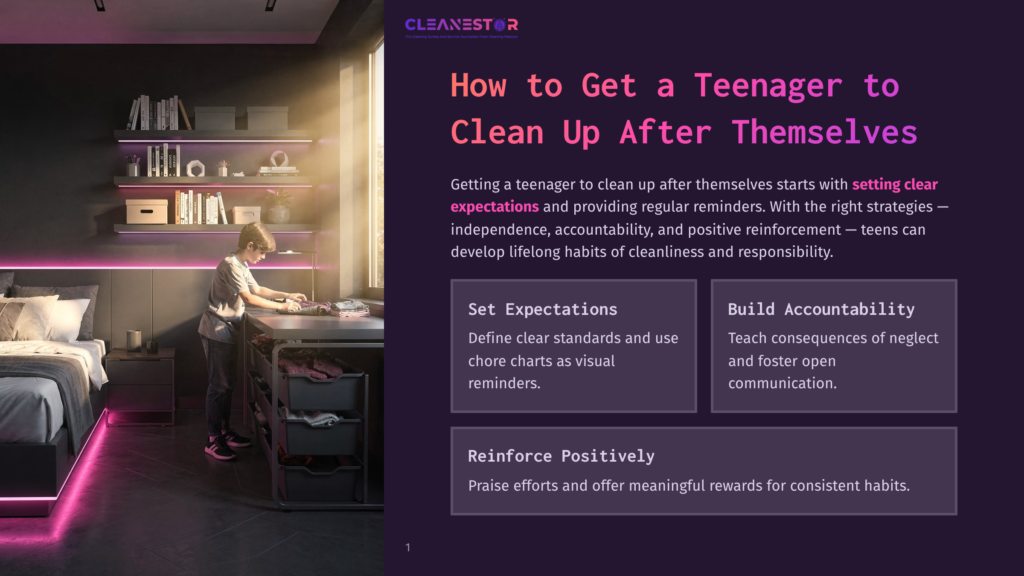 Teenage Boy Tidies His Desk In A Modern Bedroom With Led Strip Lighting, Learning To Clean Up After Themselves.