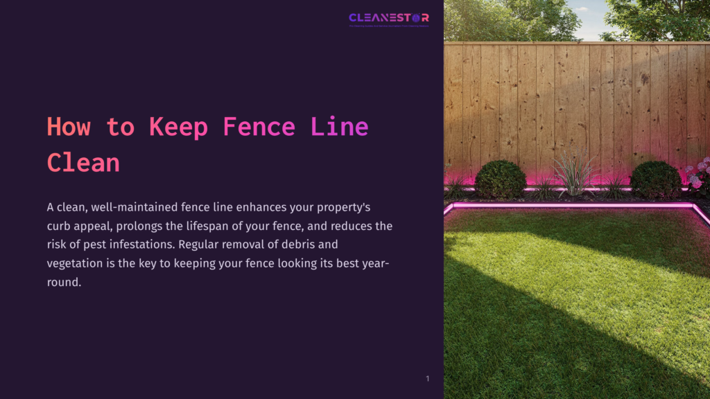 1 How To Keep Fence Line Clean A Clean, Well-Maintained Fence Line With Vibrant Pink Led Lighting Accentuating The Grass And Surrounding Bushes. The Text &Quot;Cleanestor&Quot; Is Visible In The Top Right Corner.