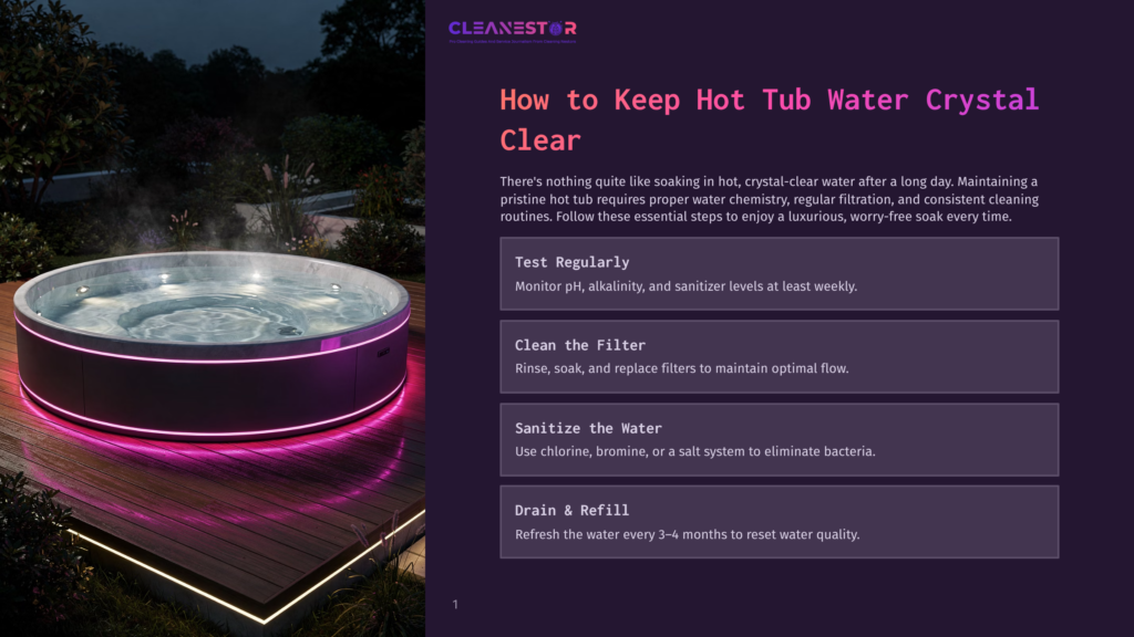 A Modern Circular Hot Tub Glows With Vibrant Pink And Purple Led Lights At Dusk, Set On A Wooden Deck With Matching Illuminated Accents. The Cleanestor Logo Is Visible.