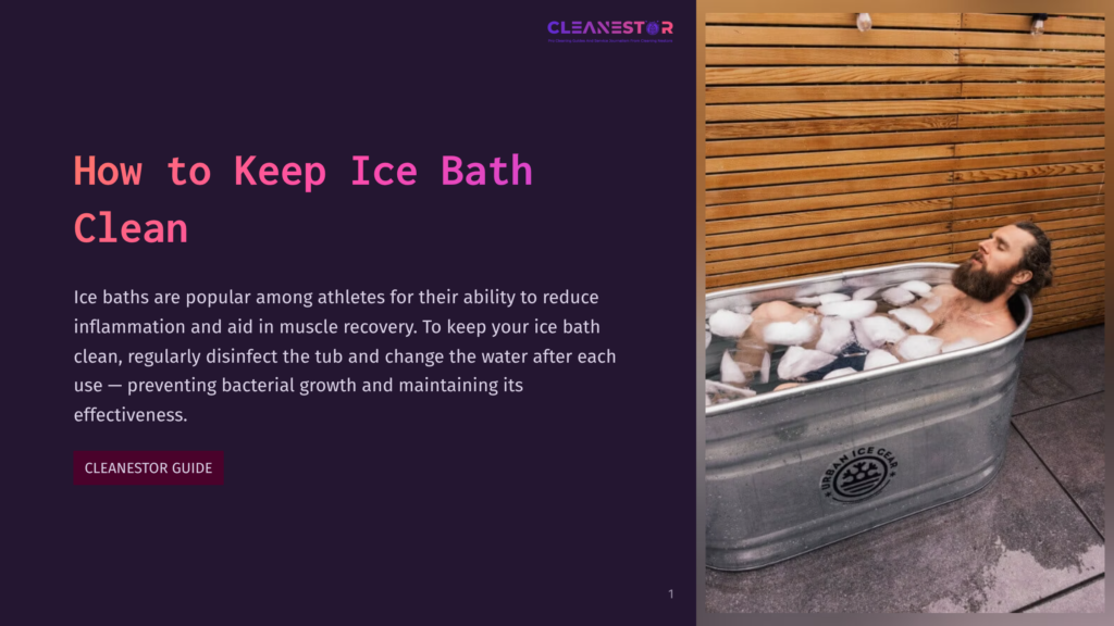A Man With A Beard Sits In A Galvanized Steel Tub Filled With Ice And Water, Outdoors On A Wooden Deck. The Tub Has &Quot;Urban Ice Gear&Quot; Printed On It. The Text &Quot;How To Keep Ice Bath Clean&Quot; Is Visible On The Left.
