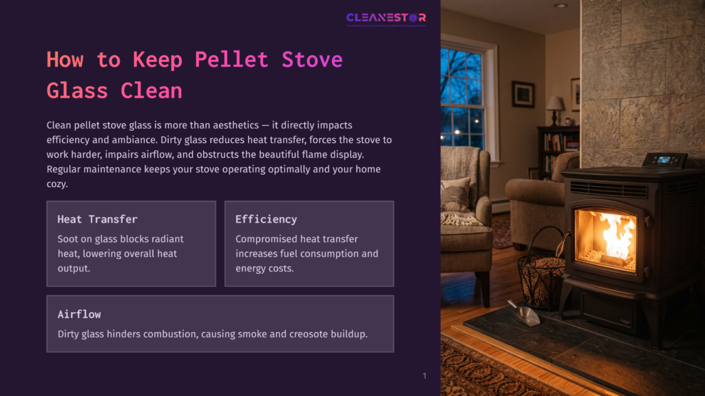 1 How To Keep Pellet Stove Glass Clean Cozy Living Room Scene With A Glowing Pellet Stove, Featuring A Close-Up Of The Glass Door, Text Overlaying The Left Side Discussing Pellet Stove Glass Maintenance And Efficiency.