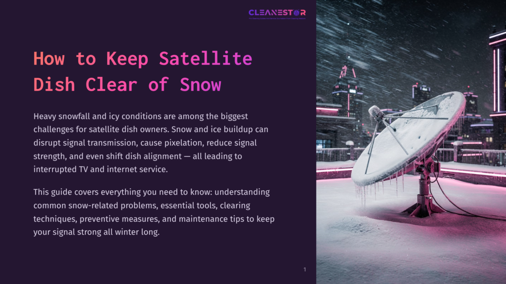 A Snow-Covered Satellite Dish Stands In A Winter City Scene, With Icicles Hanging From It. The Image Is From A Guide Titled &Quot;How To Keep Satellite Dish Clear Of Snow.