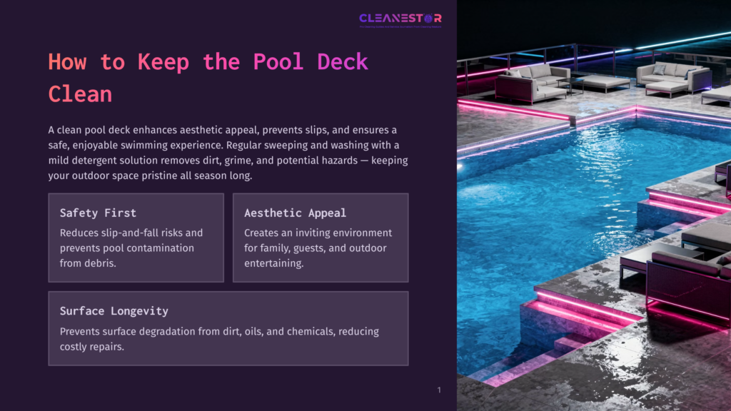 A Luxurious Outdoor Pool Deck At Night, Illuminated By Vibrant Pink Neon Lights. Modern Lounge Furniture Surrounds The Shimmering Blue Water, Creating An Inviting Ambiance.