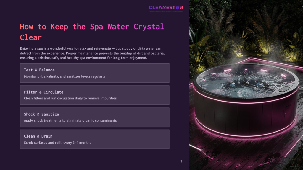 A Luxurious Hot Tub With Glowing Pink Led Lights Sits On A Wooden Deck At Night, Surrounded By Lush Green Plants. Text Overlay Reads: &Quot;Cleanestor: The Smartest &Amp; Safest Way To Enjoy Your Hot Tub.