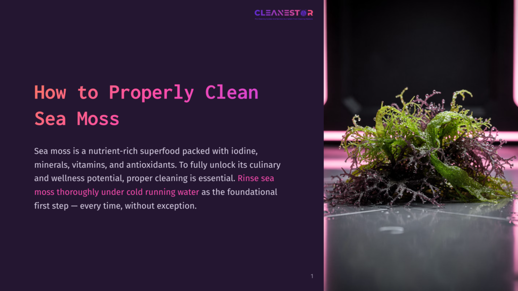 Close-Up Of Fresh Sea Moss, A Nutrient-Rich Superfood, With Vibrant Green And Purple Strands Glistening On A Grey Surface. The Text &Quot;Cleanestor&Quot; Is Visible In The Top Right Corner.