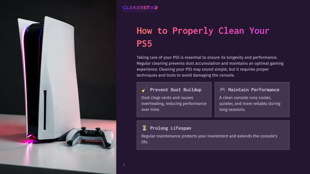 1 How To Properly Clean Your Ps5 A White Sony Playstation 5 (Ps5) Console Stands Vertically On A Reflective Surface, With A Dualsense Controller Resting In Front. The Text &Quot;Cleanestor&Quot; And &Quot;How To Properly Clean Your Ps5&Quot; Is Visible.