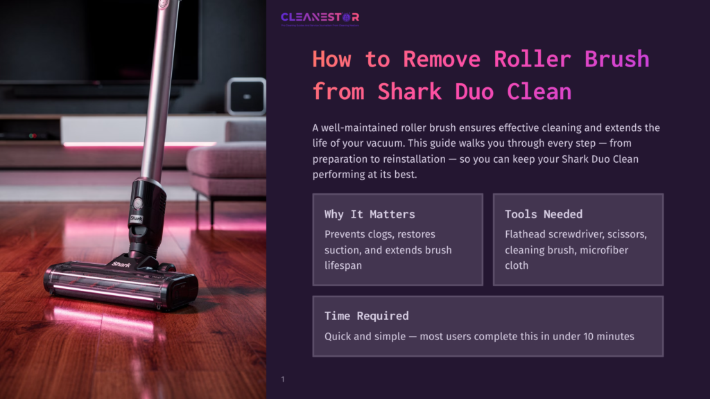 Cleanestor Guide On How To Remove Roller Brush From Shark Duo Clean Vacuum, Showing The Vacuum Cleaner On A Wooden Floor.