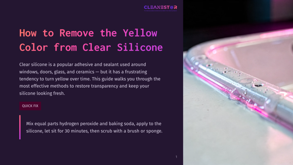 Close-Up Of Clear Silicone Sealant With Pink And Purple Led Lighting Reflecting On Its Wet Surface. Text On The Left Reads: &Quot;How To Remove The Yellow Color From Clear Silicone.