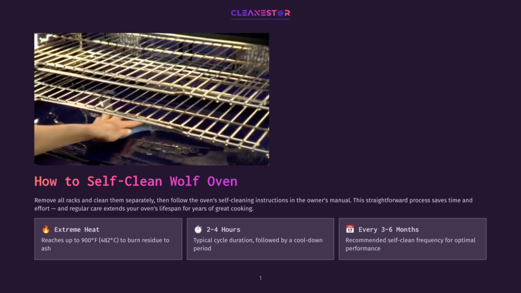A Hand Holding A Cleaning Tool Over An Oven'S Open Racks, Demonstrating How To Self-Clean A Wolf Oven. The Oven Is Dark Stainless Steel With A Metallic Finish, And The Background Is A Neutral, Muted Color.