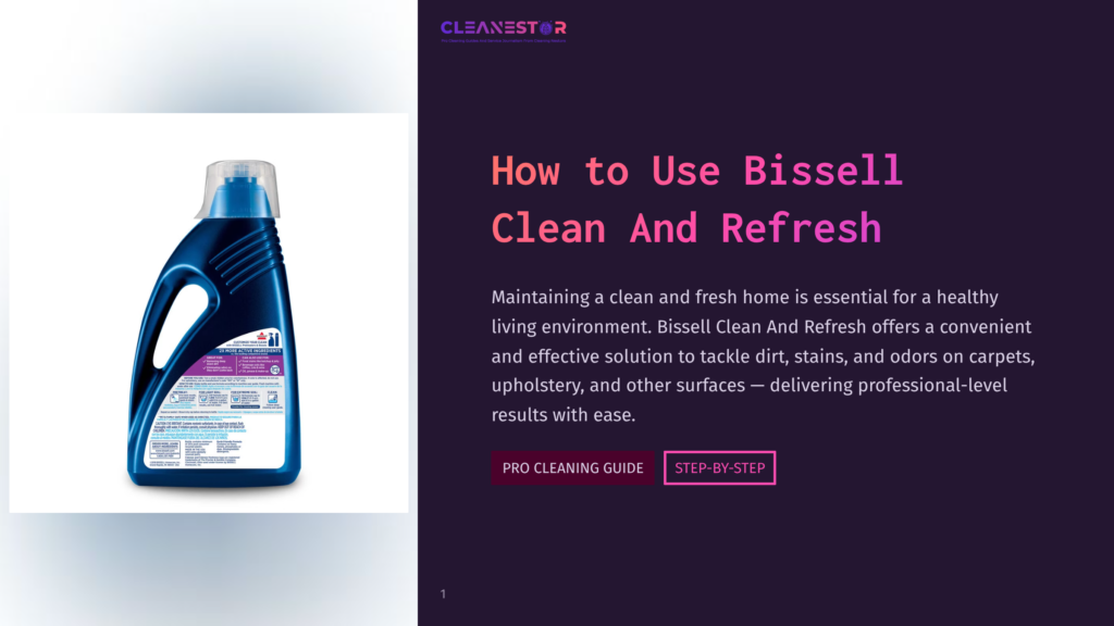 Blue Bottle Of Bissell Clean And Refresh Carpet Cleaner With White Label And Blue Cap On White Background