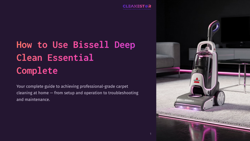 A Bissell Deep Clean Essential Complete Carpet Cleaner Is Shown On A Plush White Carpet, With Pink Led Lights Illuminating The Floor. The Background Features A Modern Living Room With A Sofa And A Coffee Table.