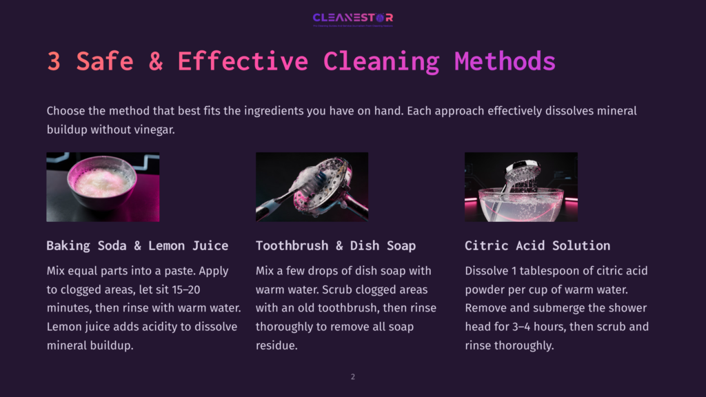 2 3 Safe And Effective Cleaning Methods Three Methods For Safe &Amp; Effective Cleaning: Baking Soda Paste In A Bowl, A Toothbrush Scrubbing A Showerhead, And A Showerhead Spraying Citric Acid Solution Into Water.