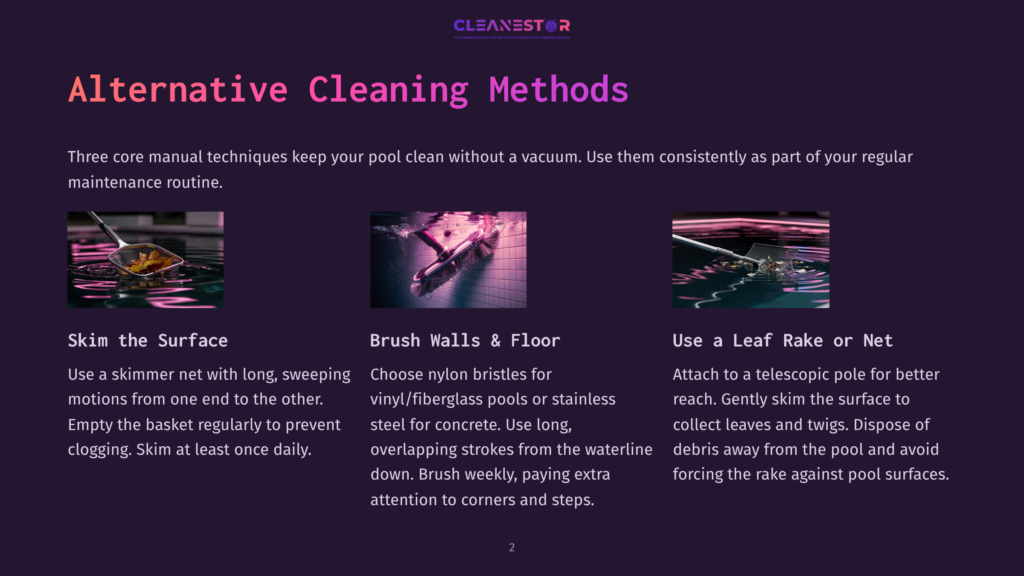 Three Images Show Pool Cleaning Methods: Skimming Debris With A Net, Brushing Pool Walls With A Brush, And Using A Leaf Rake On A Telescopic Pole. The Text &Quot;Cleanestor&Quot; Is Visible At The Top.