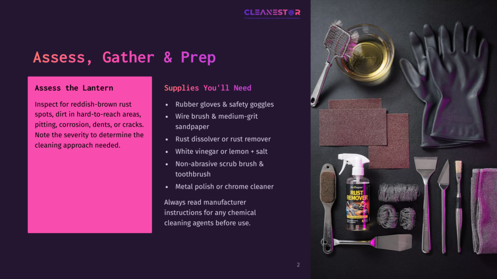 2 Assess Gather And Prep 1 Overhead View Of Cleaning Supplies For Rust Removal: Black Gloves, Sandpaper, Wire Brush, Scrub Brush, Rust Dissolver Spray, And Metal Polish, With A Lantern In The Background.