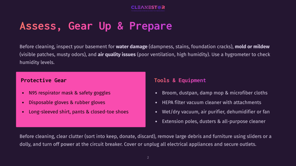 A Dark Purple Slide Titled &Quot;Assess, Gear Up &Amp; Prepare&Quot; Lists Protective Gear Like N95 Masks And Gloves, And Tools Such As Brooms And Hepa Vacuums For Water Damage Cleanup.