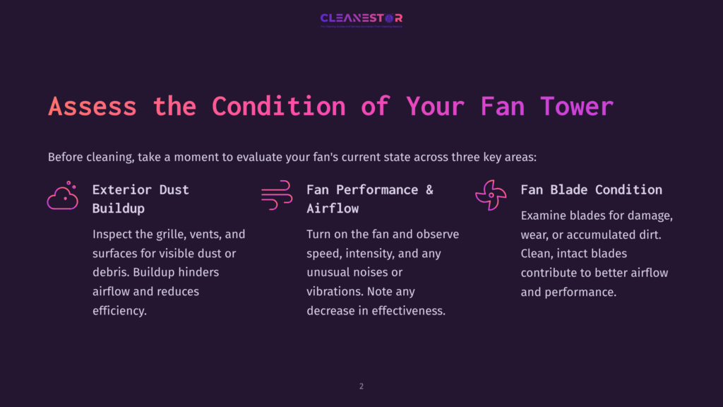 Graphic With Text: &Quot;Assess The Condition Of Your Fan Tower&Quot; And Three Key Areas: Exterior Dust Buildup, Fan Performance &Amp; Airflow, And Fan Blade Condition. The Graphic Also Includes Icons For Each Area.