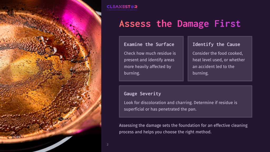 A Heavily Burnt Copper Pan With Dark, Charred Residue And Oil Stains, Illustrating Severe Damage From Burning.