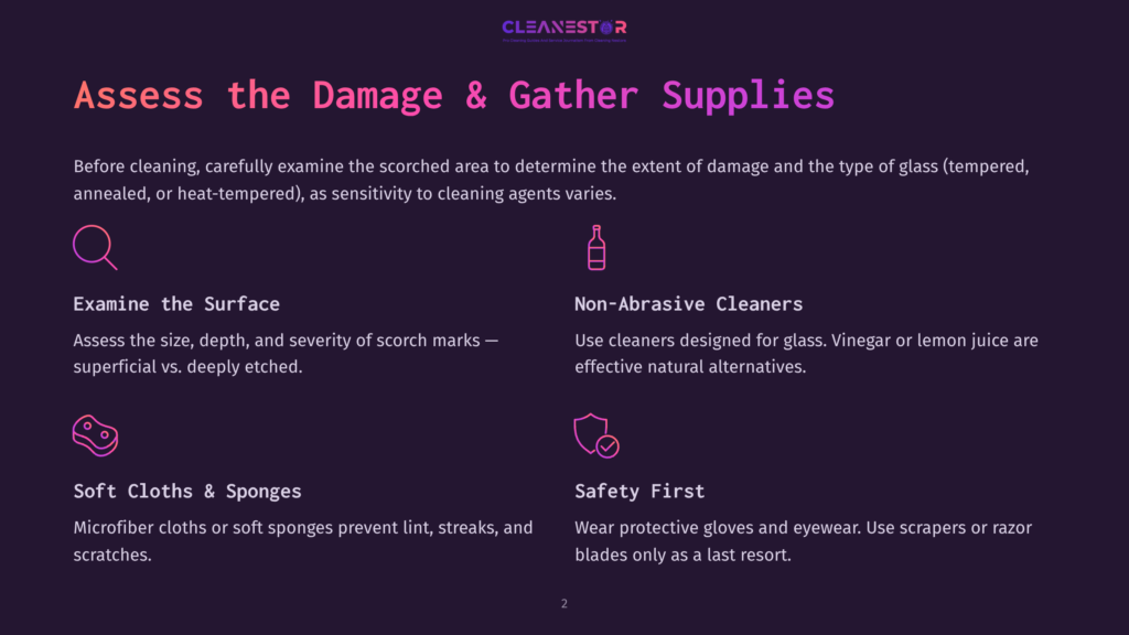 Cleanestor Graphic With Text: &Quot;Assess The Damage &Amp; Gather Supplies.&Quot; Sections Include &Quot;Examine The Surface,&Quot; &Quot;Non-Abrasive Cleaners,&Quot; &Quot;Soft Cloths &Amp; Sponges,&Quot; And &Quot;Safety First.
