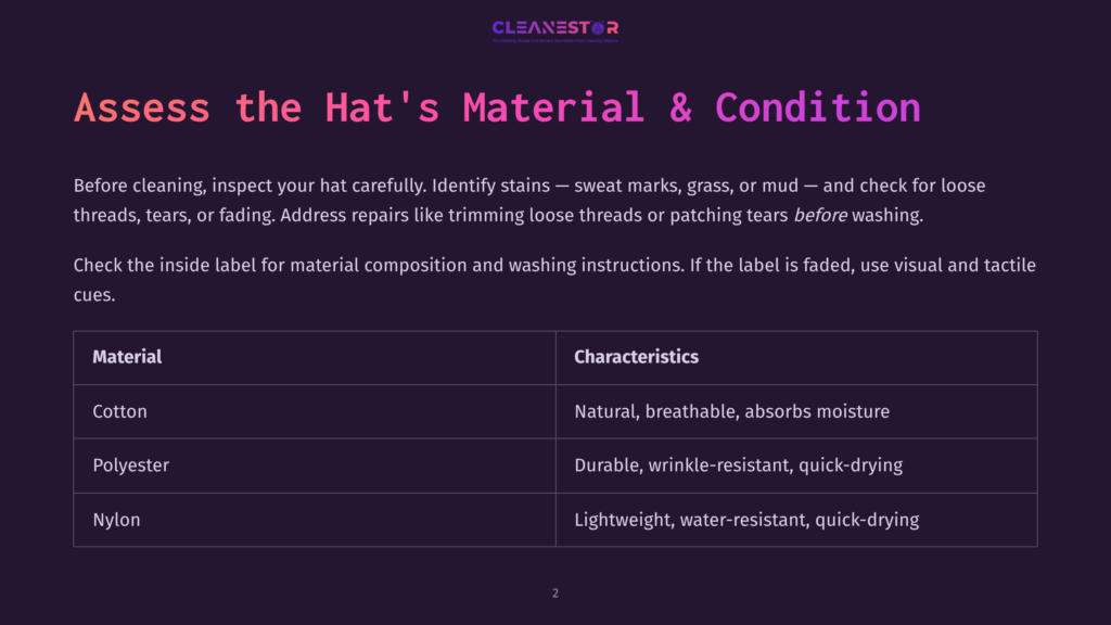 A Dark Purple Slide Titled &Quot;Assess The Hat'S Material &Amp; Condition&Quot; From Cleanestor, Detailing Hat Materials Like Cotton, Polyester, And Nylon, And Their Characteristics For Cleaning.