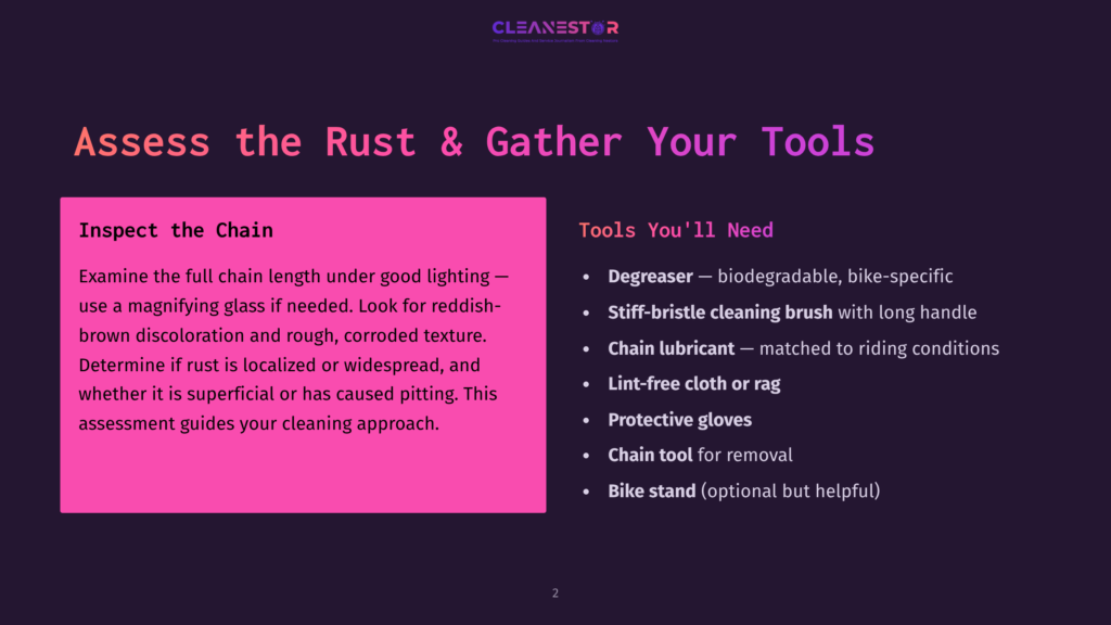 A Dark Purple Slide With The Title &Quot;Assess The Rust &Amp; Gather Your Tools&Quot; And A Pink Box Detailing &Quot;Inspect The Chain&Quot; And A List Of &Quot;Tools You'Ll Need&Quot; Including Degreaser, Cleaning Brush, And Chain Lubricant.