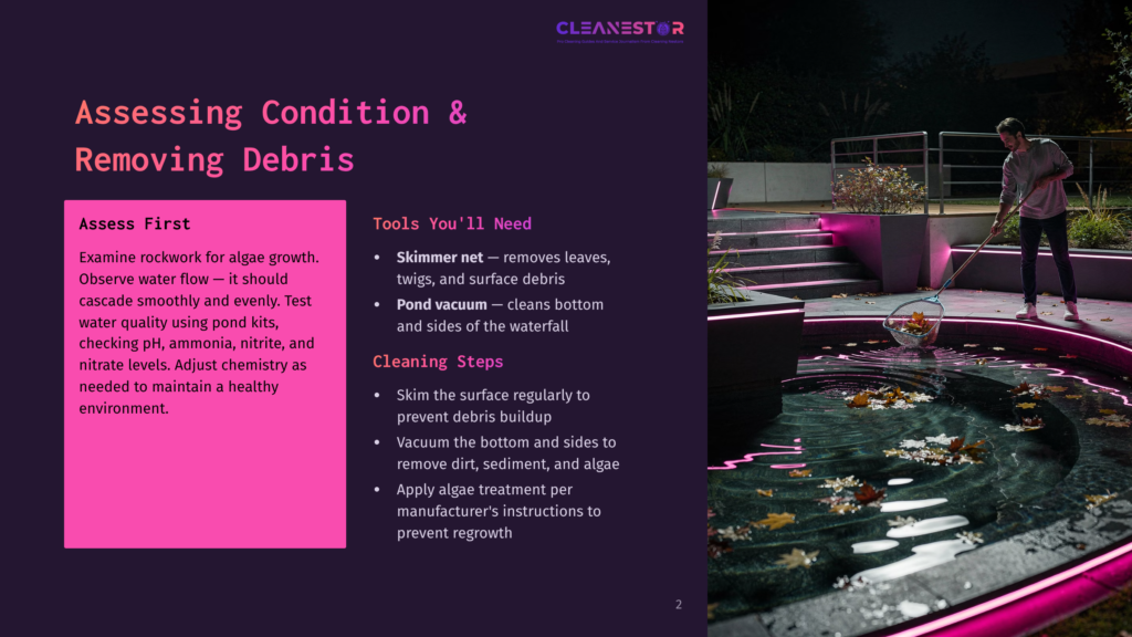 A Man Uses A Long-Handled Net To Scoop Fallen Leaves And Debris From A Beautifully Lit Outdoor Water Feature At Night. The Pond Has Glowing Pink And Purple Lights Around Its Edge.