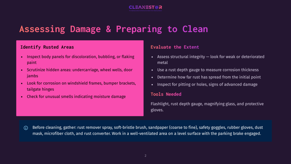 Cleanestor Logo Above Slide Titled &Quot;Assessing Damage &Amp; Preparing To Clean&Quot; Detailing Rust Inspection, Structural Integrity Checks, And The Use Of Tools Like Rust Depth Gauges.