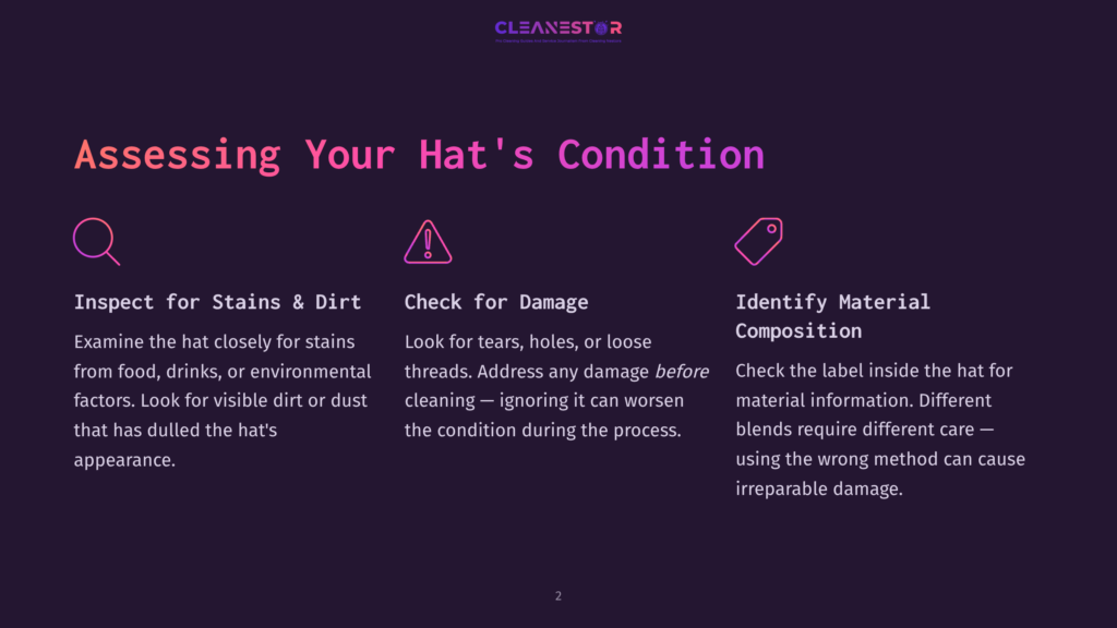 The Graphic &Quot;Assessing Your Hat'S Condition&Quot; By Cleanestor Details Three Steps For Hat Care: Inspect For Stains &Amp; Dirt, Check For Damage, And Identify Material Composition, With Icons For Each.