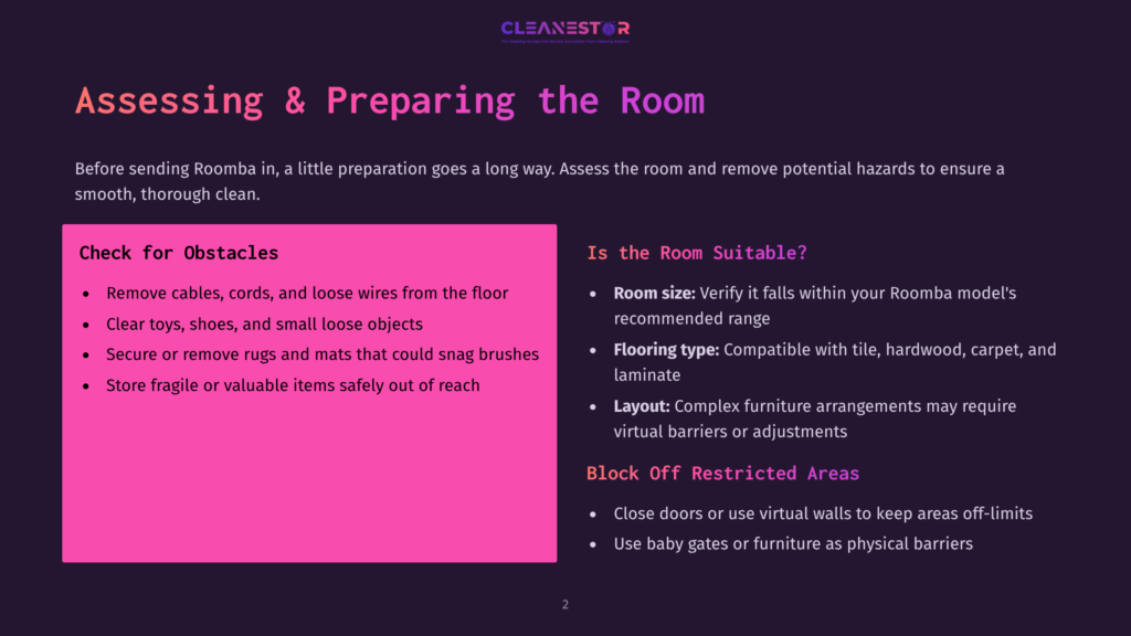 2 Assessing And Preparing The Room A Roomba Cleaning Preparation Checklist On A Pink Background Lists Steps To Assess And Prepare The Room, Including Removing Obstacles, Verifying Room Suitability, And Blocking Off Restricted Areas.