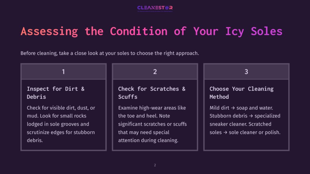 A Dark Purple Graphic With The Cleanestor Logo At The Top. The Text &Quot;Assessing The Condition Of Your Icy Soles&Quot; Is Prominently Displayed. Below, Three Numbered Sections Guide Users On Inspecting Soles For Dirt, Checking For Scratches, And Choosing A Cleaning Method.