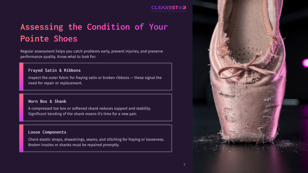 Close-Up Of A Worn Pink Ballet Pointe Shoe With Frayed Satin, Cracked Box, And Loose Stitching, Highlighting Common Signs Of Wear And Tear.