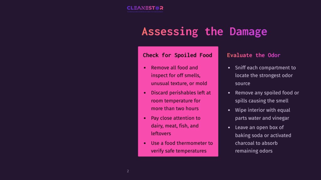 Slide Titled &Quot;Assessing The Damage&Quot; With Two Columns: &Quot;Check For Spoiled Food&Quot; Listing Steps Like Removing Food And Checking Perishables, And &Quot;Evaluate The Odor&Quot; Detailing Sniffing Compartments And Using Baking Soda.