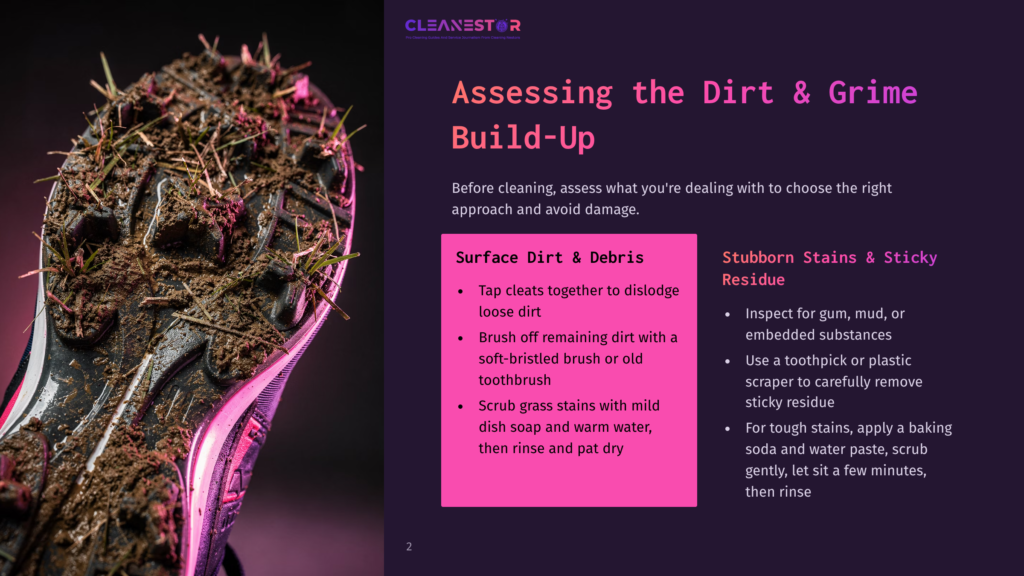 Close-Up Of A Dirty Shoe Sole With Mud And Grass Stuck In The Treads, With A Pink Light Illuminating The Shoe. Text Reads: &Quot;Cleanestor: Assessing The Dirt &Amp; Grime Build-Up&Quot;.
