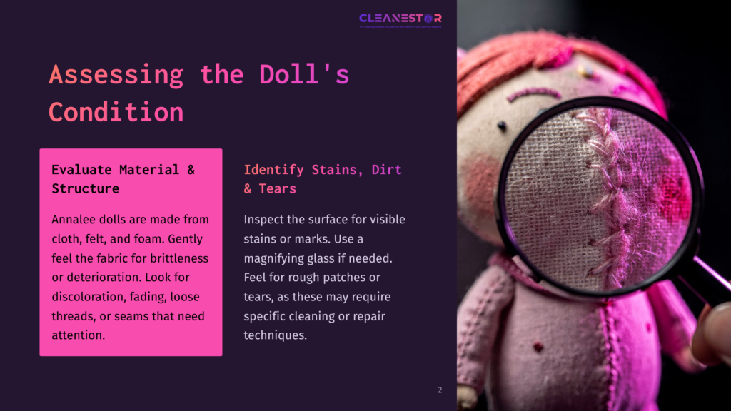 Close-Up Of A Stuffed Doll'S Fabric And Stitching Examined Under A Magnifying Glass, Highlighting Material Assessment For Cleaning And Repair.
