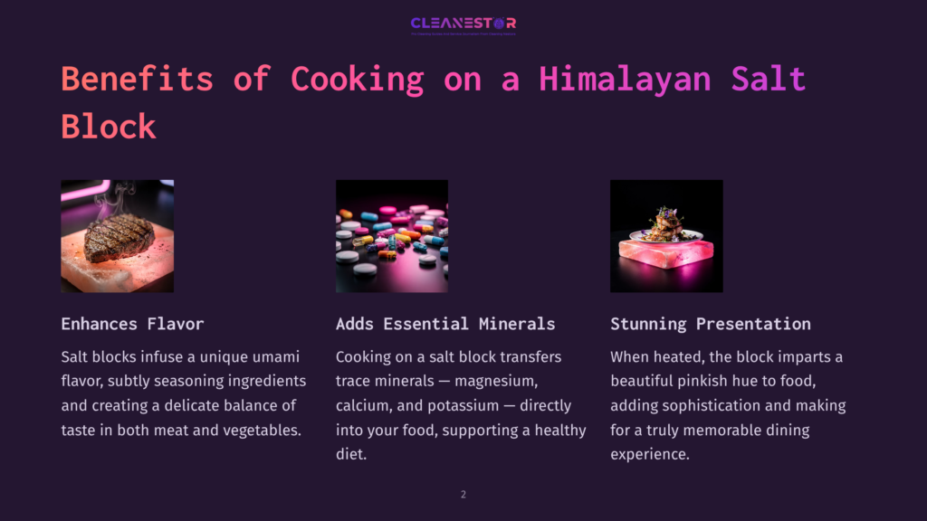 A Vibrant Himalayan Salt Block With A Piece Of Steak Resting On It, Emitting A Slight Steam, Set Against A Dark Purple Background.