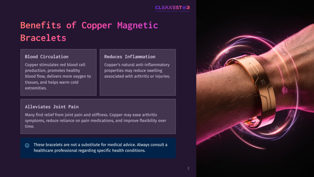 A Close-Up Of A Copper Magnetic Bracelet On A Person'S Wrist, Surrounded By A Pink And Purple Light Effect, Highlighting The Potential Benefits Of Copper Bracelets For Blood Circulation, Reducing Inflammation, And Alleviating Joint Pain.