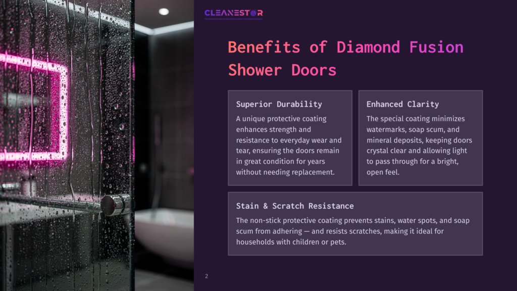 A Sleek, Modern Bathroom With A Diamond Fusion Shower Door, Glistening With Water Droplets. Text Highlights The Benefits Of Diamond Fusion Shower Doors, Including Superior Durability, Enhanced Clarity, And Stain And Scratch Resistance.