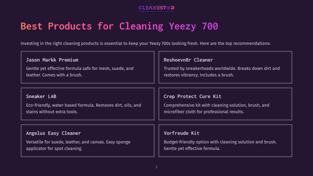 Infographic Listing Top Products For Cleaning Yeezy 700 Sneakers: Jason Markk Premium, Sneaker Lab, Angelus Easy Cleaner, Reshoevn8R Cleaner, Crep Protect Cure Kit, And Vorfreude Kit.
