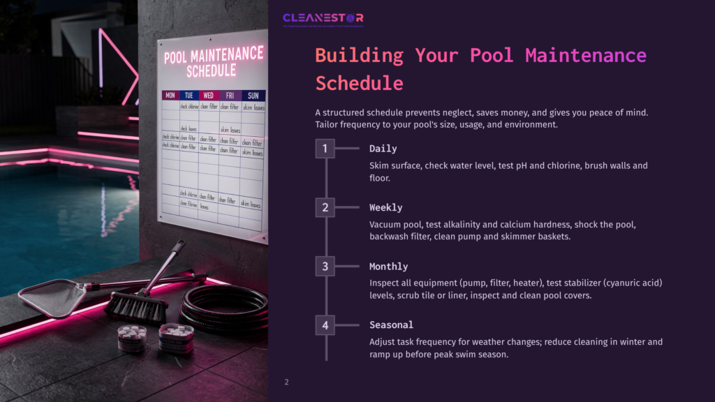 An Infographic Titled &Quot;Building Your Pool Maintenance Schedule&Quot; Displays A Pool Maintenance Checklist On A Wall With Pool Maintenance Tools Like A Skimmer And Pool Brush On The Side. A Pool With Pink Lights Adds A Modern Touch.