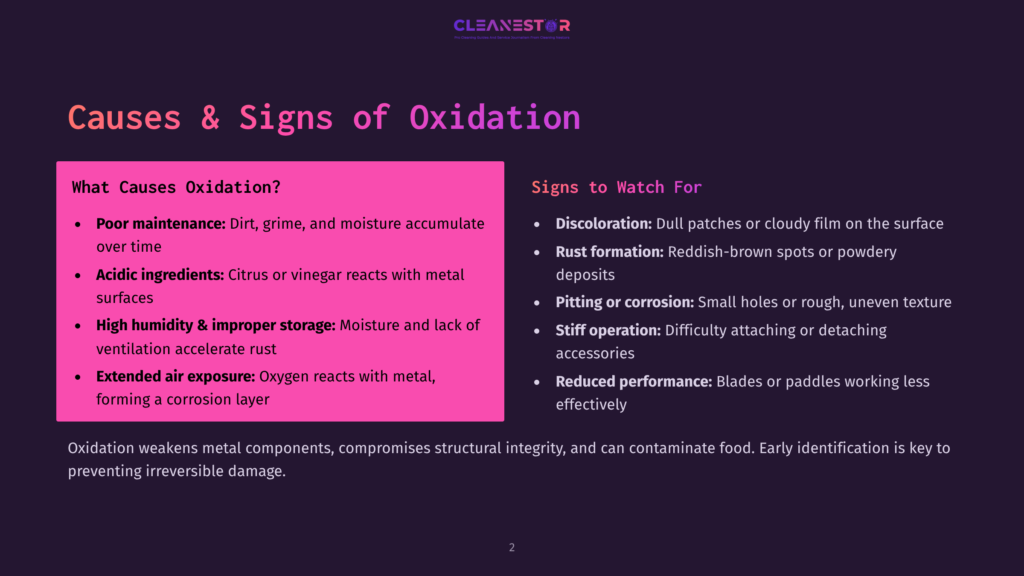 2 Causes And Signs Of Oxidation Causes &Amp; Signs Of Oxidation: A Dark Purple Background With A Pink Box On The Left Detailing Causes Like Poor Maintenance, Acidic Ingredients, High Humidity, And Extended Air Exposure. A White Box On The Right Lists Signs Like Discoloration, Rust, Pitting, And Reduced Performance.