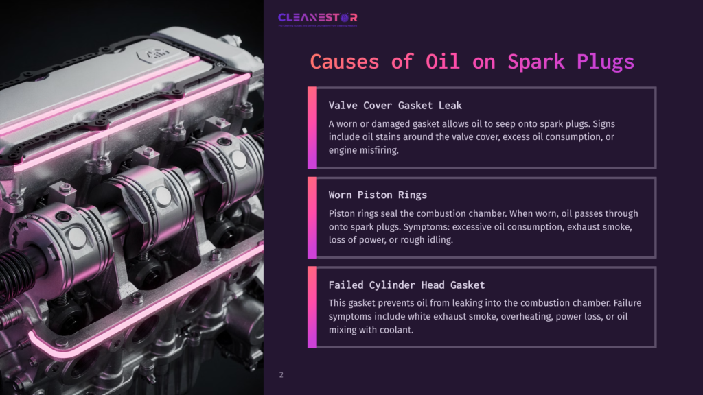Close-Up Of A Car Engine'S Internal Components, Including Pistons And Crankshaft, Illuminated By Vibrant Pink Light. Text Overlay On The Right Details Causes Of Oil On Spark Plugs: Valve Cover Gasket Leak, Worn Piston Rings, And Failed Cylinder Head Gasket.