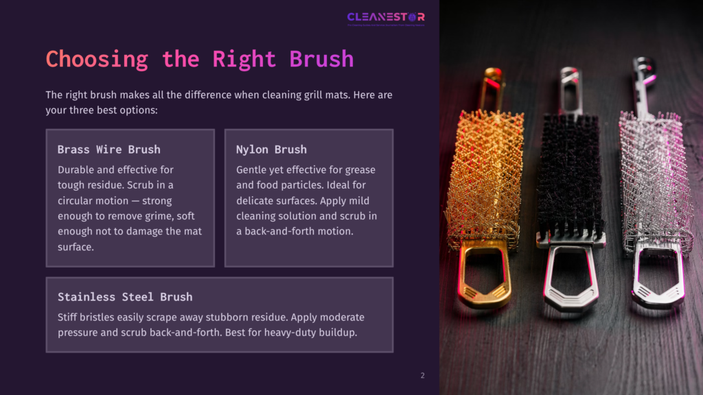 Three Brushes Displayed On A Dark Background, Each With Different Bristle Materials: Brass Wire, Nylon, And Stainless Steel, Alongside Their Respective Cleaning Descriptions.