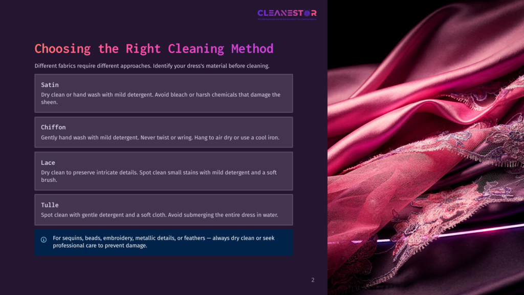 A Pink Satin Fabric With Instructions On The Left Side Of The Image Detailing The Right Cleaning Method For Different Types Of Fabric, Including Satin, Chiffon, Lace, And Tulle.
