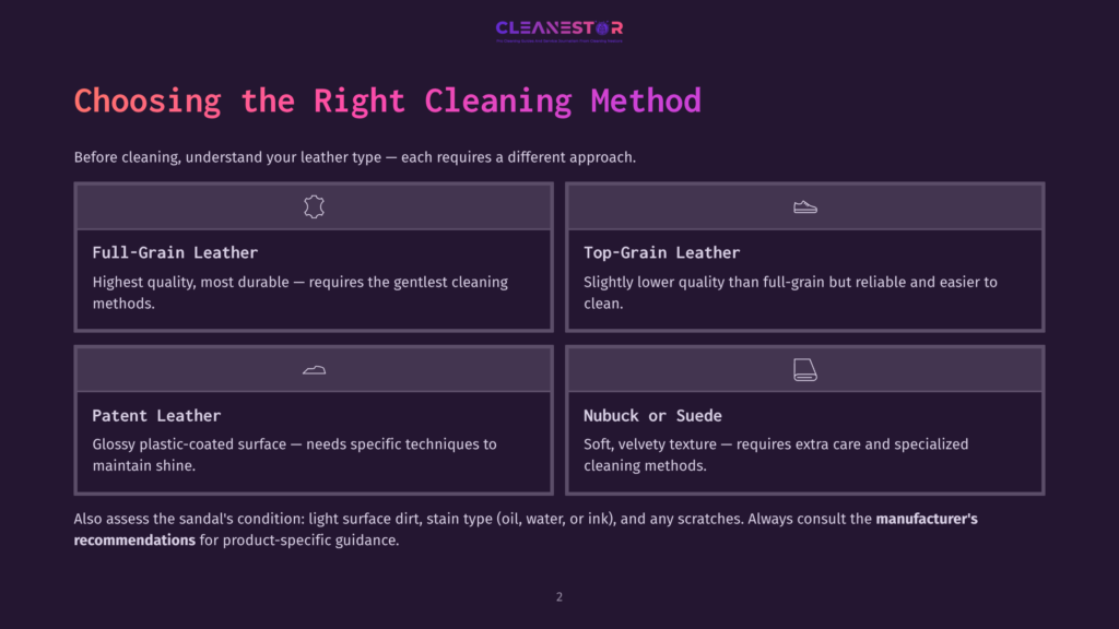 A Webpage Section Titled &Quot;Choosing The Right Cleaning Method&Quot; Displays Various Leather Types And Their Suitable Cleaning Approaches. Categories Include Full-Grain Leather, Top-Grain Leather, Patent Leather, And Nubuck Or Suede. Each Category Includes A Brief Description Of The Leather Type And Its Care Requirements.