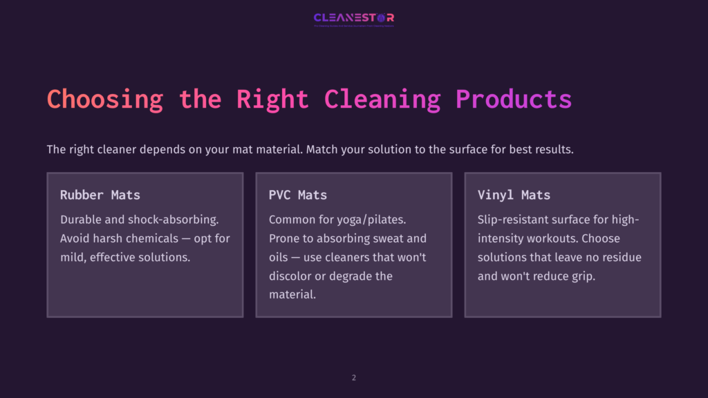 2 Choosing The Right Cleaning Products 1 A Dark Purple Background With The Title &Quot;Choosing The Right Cleaning Products&Quot; Overlayed In Large, Bright Pink Text. Below, Three Cards Describe Cleaning Products For Rubber Mats, Pvc Mats, And Vinyl Mats.