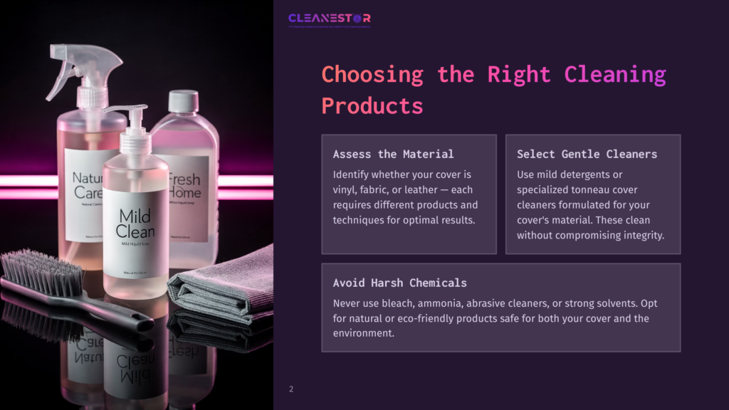 A Cleaning Product Display Featuring Three Bottles: &Quot;Natur Care,&Quot; &Quot;Fresh Home,&Quot; And &Quot;Mild Clean&Quot; Liquid Soap, Alongside A Cleaning Brush And Microfiber Cloth. The Bottles Are Clear With White And Pink Labels. Text On The Right Discusses &Quot;Choosing The Right Cleaning Products.