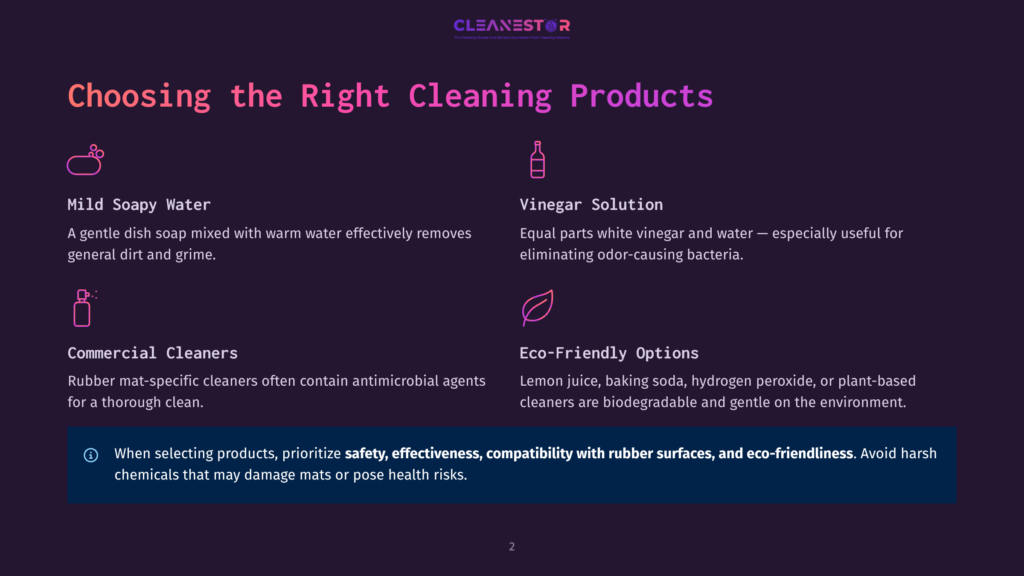 2 Choosing The Right Cleaning Products 2 Illustration Of Cleaning Product Options: Mild Soapy Water, Vinegar Solution, Commercial Cleaners, And Eco-Friendly Options, With Text Detailing Their Uses And A Safety Warning.