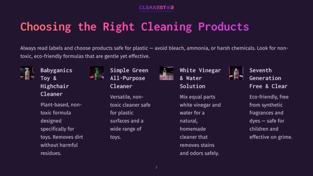 A Graphic Displaying &Quot;Cleanestor&Quot; Logo And Text &Quot;Choosing The Right Cleaning Products&Quot; With Product Examples: Babyganics Toy &Amp; Highchair Cleaner, Simple Green All-Purpose Cleaner, White Vinegar &Amp; Water Solution, And Seventh Generation Free &Amp; Clear.