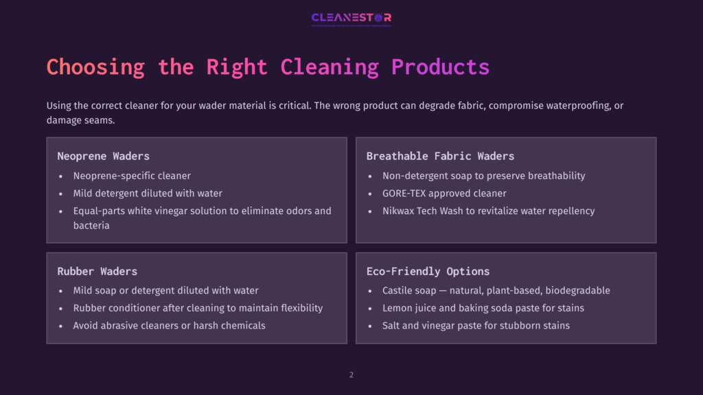 A Dark Purple Slide Titled &Quot;Choosing The Right Cleaning Products&Quot; With Cleanestor Logo. It Compares Neoprene Waders, Breathable Fabric Waders, Rubber Waders, And Eco-Friendly Options With Bullet Points.